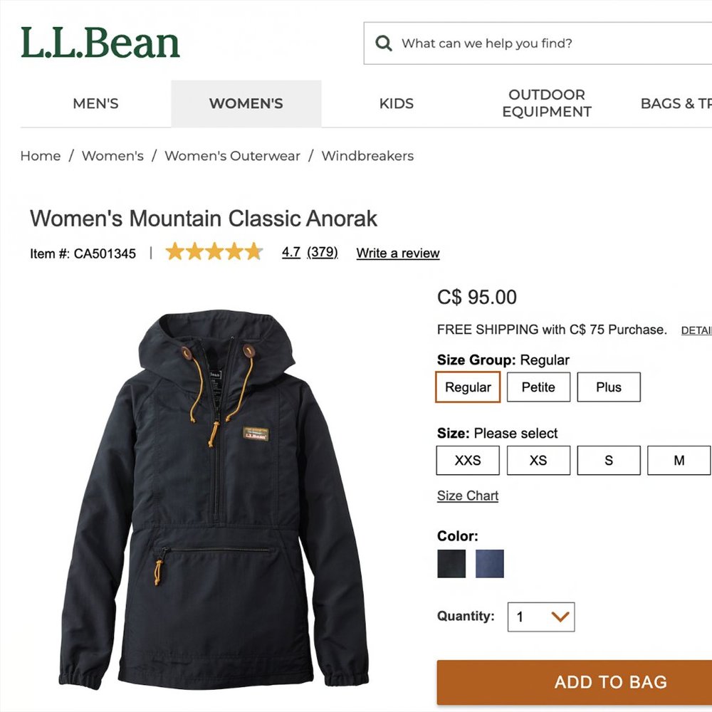 L.L. Bean- Women's Mountain Classic Anorak Size L